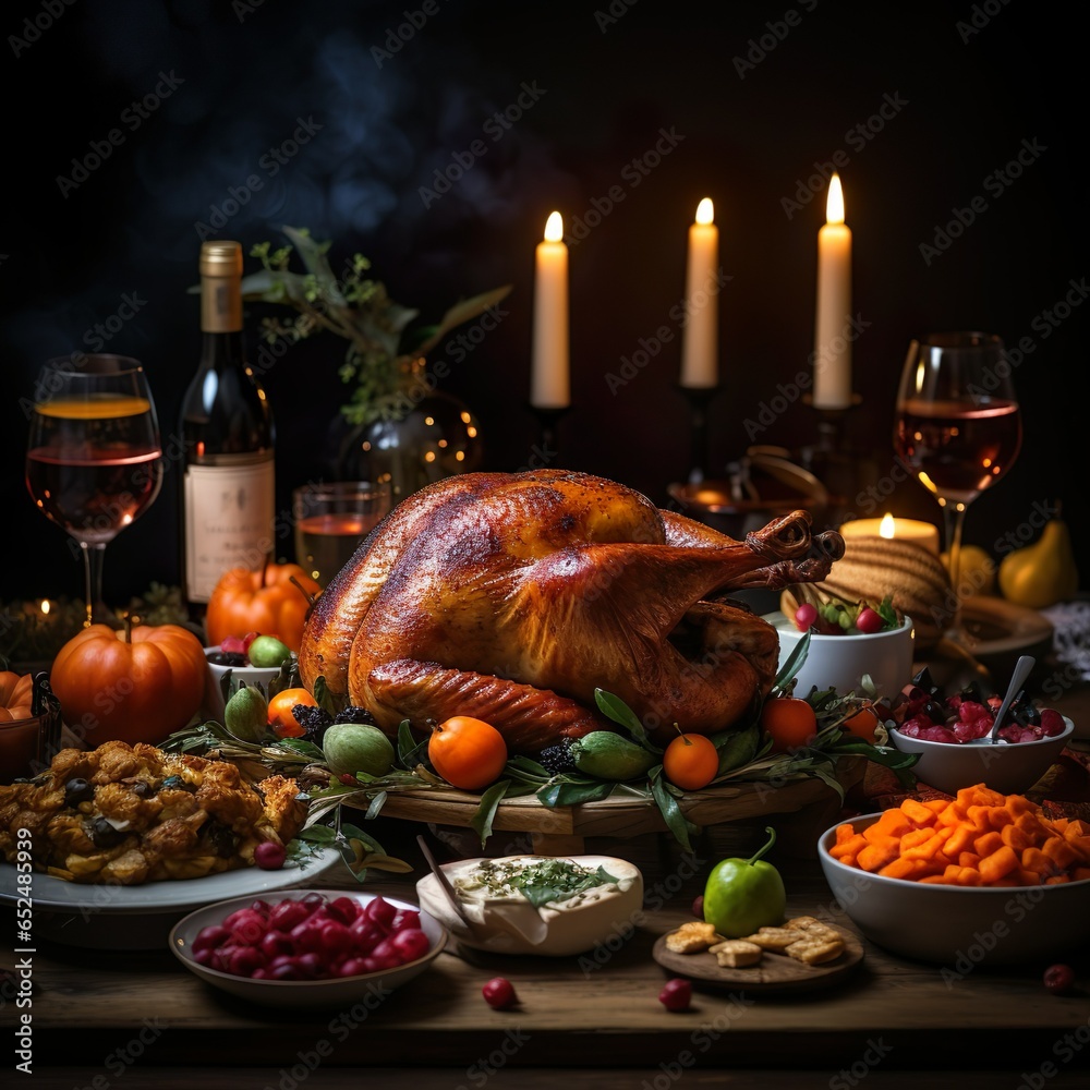 thanksgiving roast turkey on dinner table surrounded by food and candles fall aesthetic | Generative AI thanksgiving roast turkey on dinner table surrounded by food and candles fall aesthetic | Generative AI