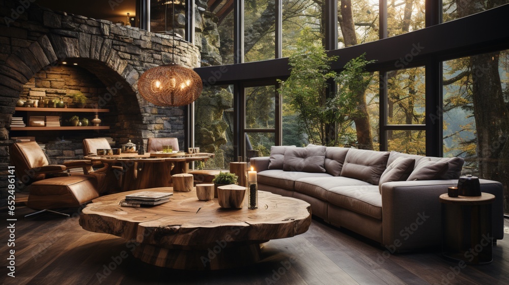 Rustic interior design of a modern living room in a country house with handmade wooden log furniture, including a round dining table and chairs