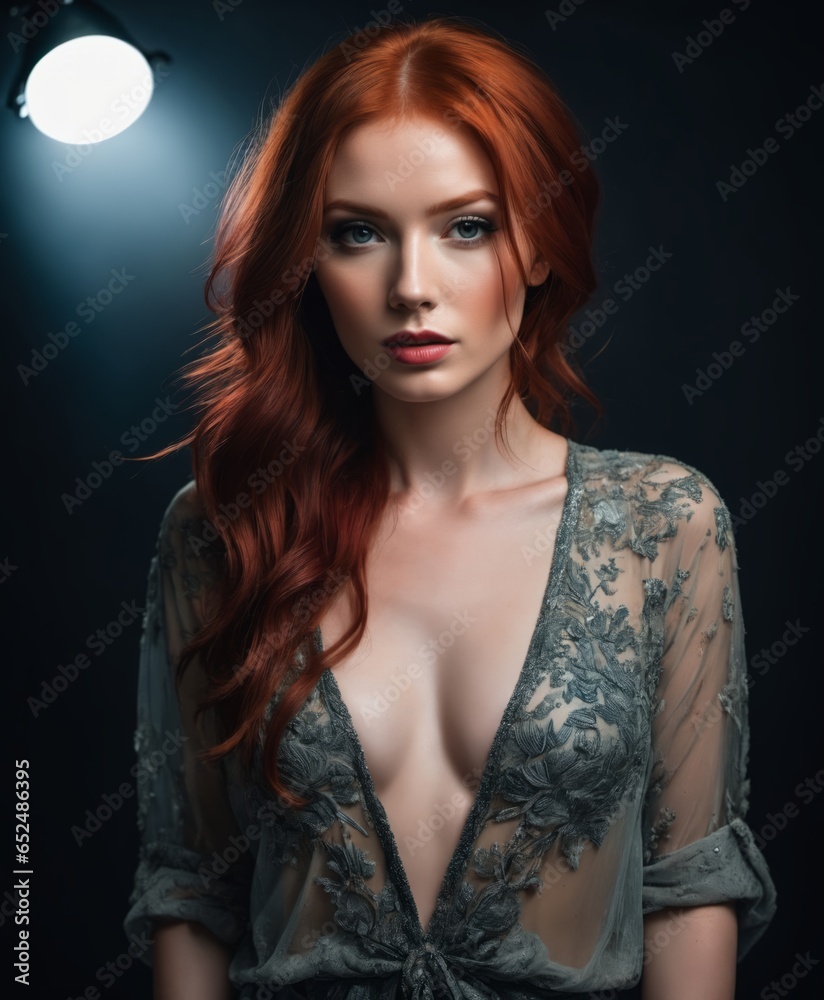a mesmerizing redhead posing in a dark studio