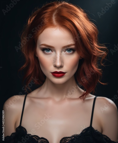 a mesmerizing redhead posing in a dark studio