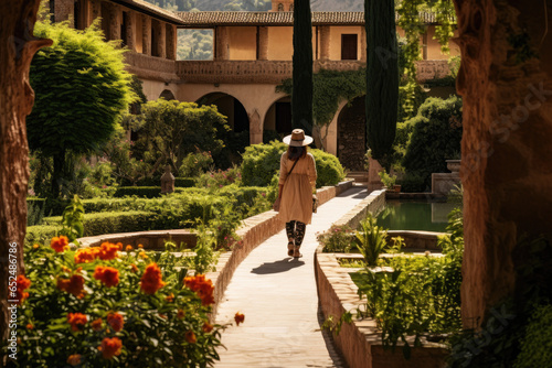 Traveler strolling through the enchanting gardens of the Alhambra in Granada, Spain