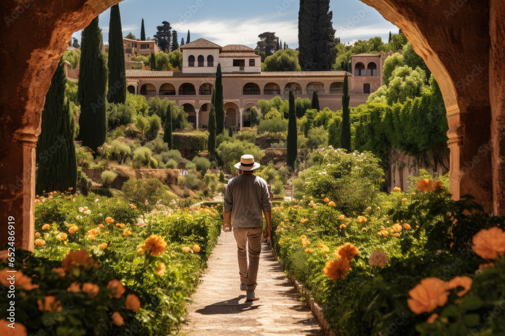 Traveler strolling through the enchanting gardens of the Alhambra in Granada, Spain - obrazy, fototapety, plakaty 