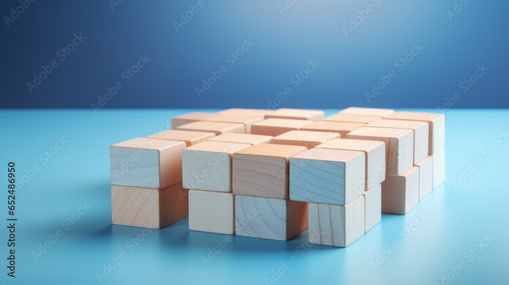 Wooden blocks thoughtfully interconnected on a serene blue background, symbolizing the powerful concepts of teamwork, network building, and fostering a sense of community Wooden blocks thoughtfully interconnected on a serene blue background, symbolizing the powerful concepts of teamwork, network building, and fostering a sense of community