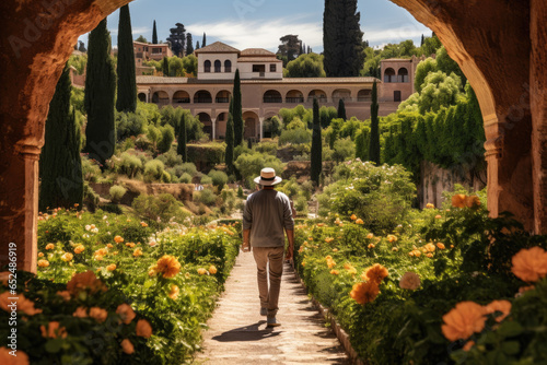 Fototapeta Traveler strolling through the enchanting gardens of the Alhambra in Granada, Sp