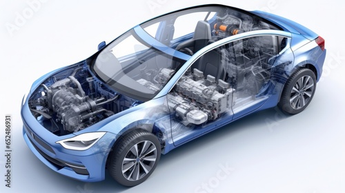 A 3D rendering of a technical cutaway of a generic electric car, showcasing all the key components of the EV system in a ghostly transparent effect.