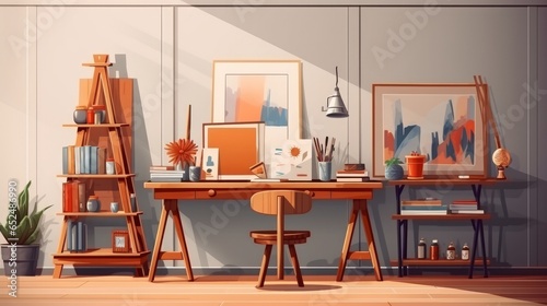 Discover a one-of-a-kind artist's workspace, adorned with a stylish teak commode, wooden easel, bookcase filled with art supplies, captivating artworks, painting accessories, and an array of elegant 