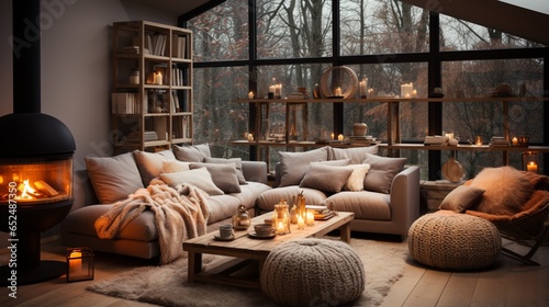 Scandinavian hygge home interior design creates a cozy and inviting atmosphere in the modern living room, perfect for relaxation and comfort