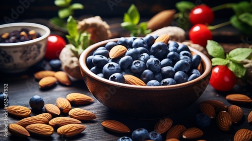 A table adorned with a variety of superfoods, including a bowl filled with almonds, bilberries, fresh fruits, and other healthy organic breakfast options. This vibrant display embodies