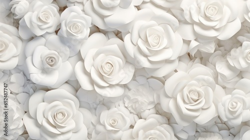 A 3D illustration showcasing a voluminous panel of white roses in various sizes  casting shadows on a pristine white background. This festive and visually striking composition features a three-dimensi