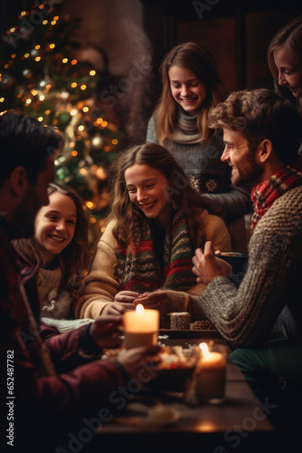 A cozy, homely scene of a family gathered around a crackling fireplace, wearing sweaters, and sipping hot cocoa, with a decorated Christmas tree in the background