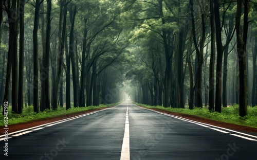 a dreary forest road with a white line and large trees at the side,