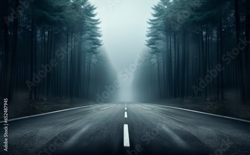 a dreary forest road with a white line and large trees at the side,