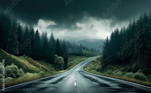 a dreary forest road with a white line and large trees at the side,