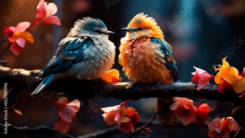 two birds on branch with autumn leaves