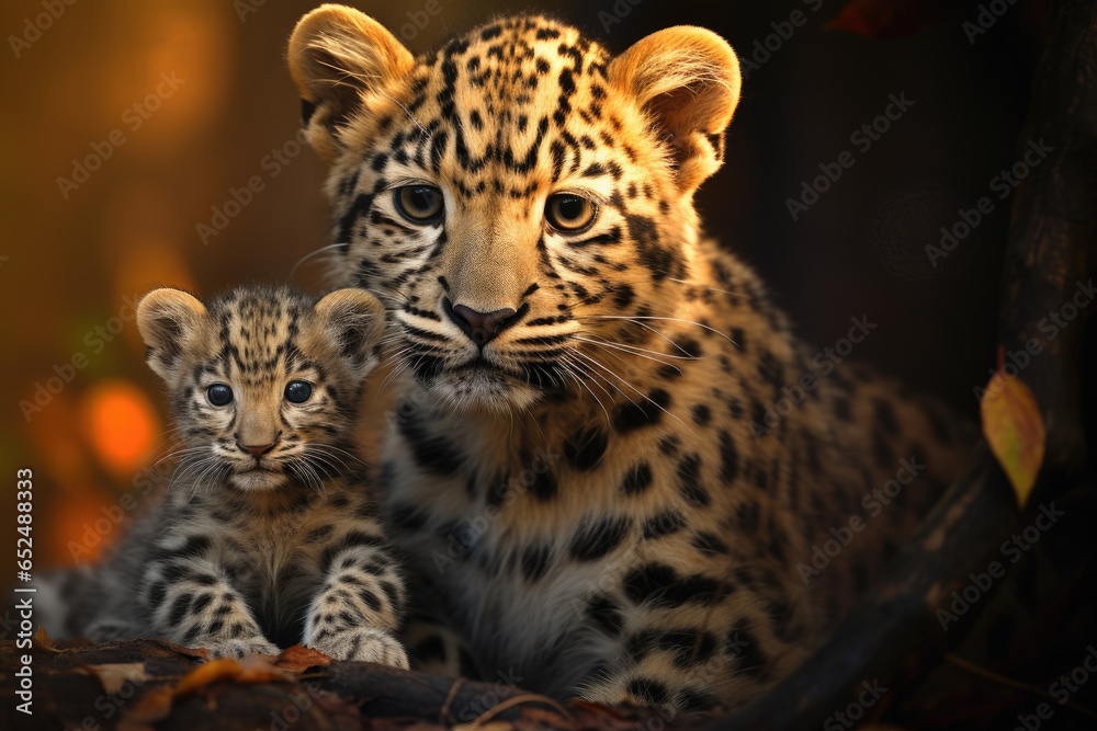 Amur leopard cub with its mother Amur leopard cub with its mother