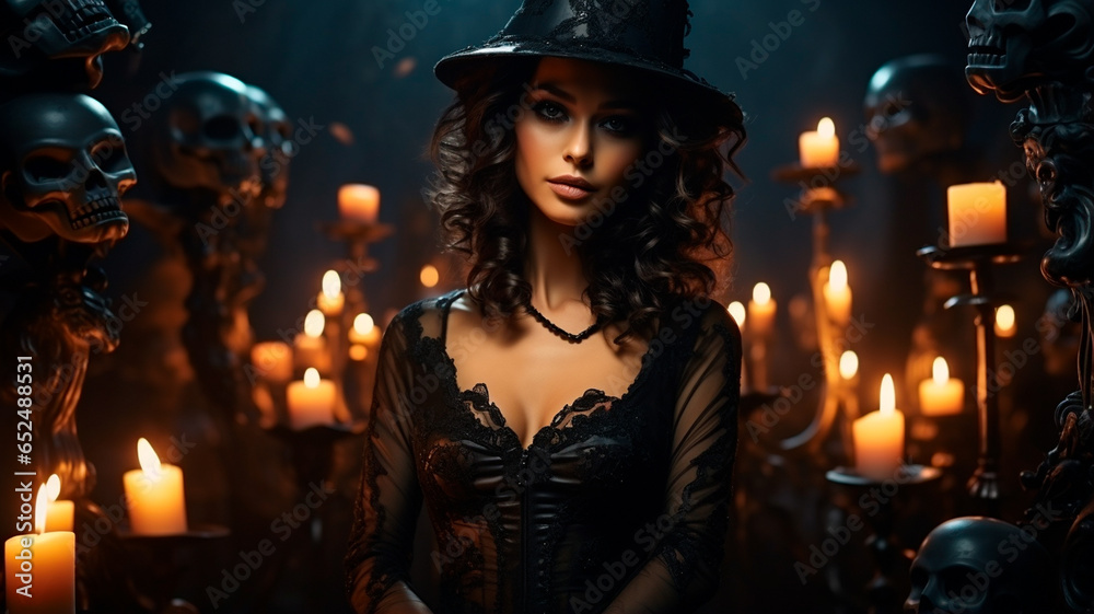 beautiful woman in witch costume with candles on dark background beautiful woman in witch costume with candles on dark background