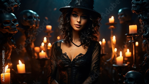 beautiful woman in witch costume with candles on dark background