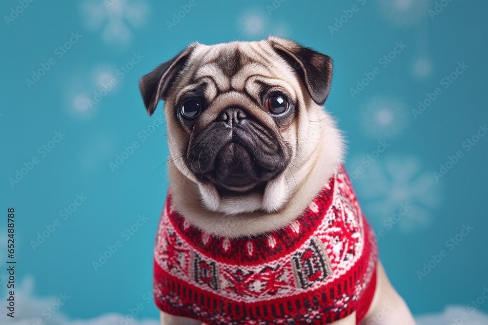 Pug dog with knitted winter sweater on blue background