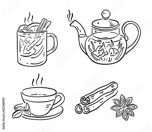 Hot drinks. Mulled wine, hot tea in a teapot, a cup of tea and a cinnamon stick. Set of icons. Vector illustration in doodle style