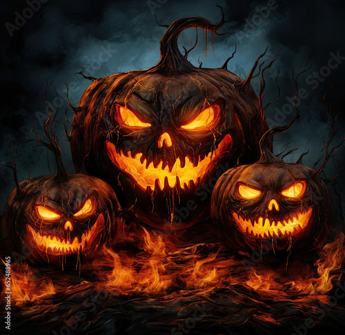 Scary Halloween Pumpkin Lanterns Glowing in the Dark with Fire