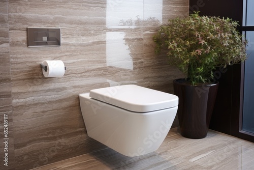 Modern, luxury wall hung toilet bowl, closed seat with dual flush, reeded glass partition, bidet, tissue paper holder, white bathtub on granite tile floor - Generative AI