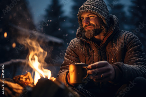 Winter camper enjoying a steaming cup of hot cocoa by the campfire
