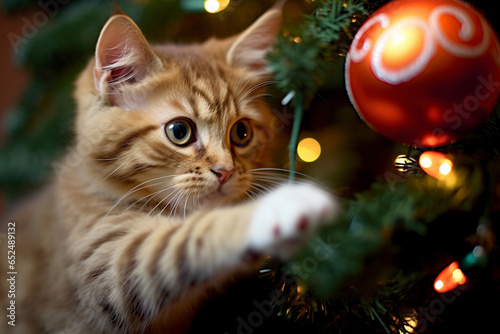 Young ginger cat playing with red Christmas tree bauble