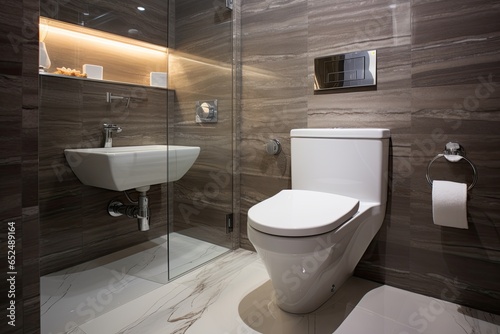 Modern, luxury wall hung toilet bowl, closed seat with dual flush, reeded glass partition, bidet, tissue paper holder, white bathtub on granite tile floor - Generative AI