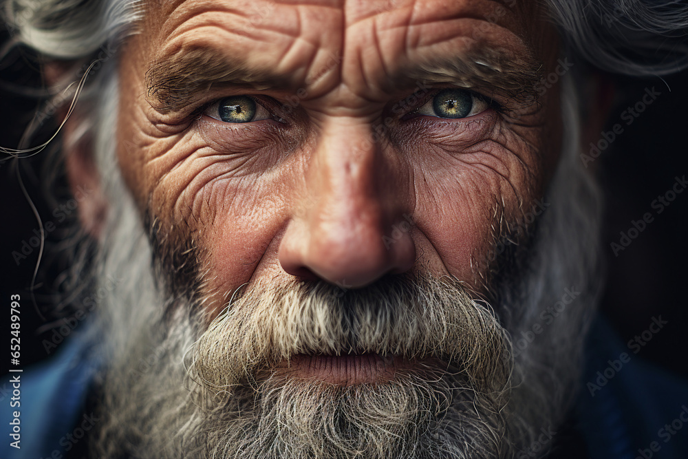 Close up picture of face old wise man with white beard homeless grandfather generative ai