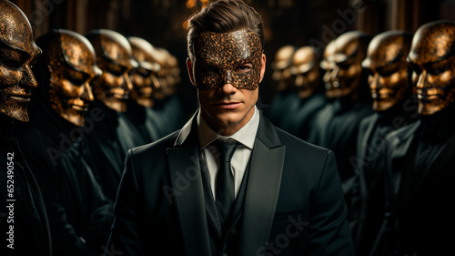 portrait of handsome man in dark suit posing in studio with golden mask