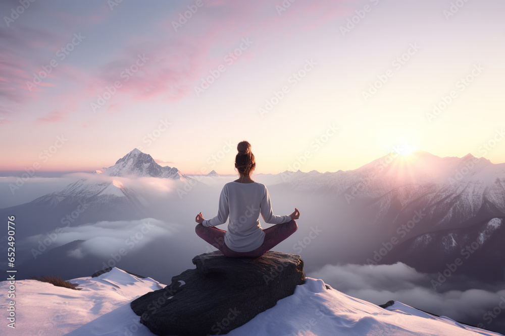 A refreshing January wellness scene featuring a yoga pose performed on a snowy mountain peak at sunrise, with clear skies