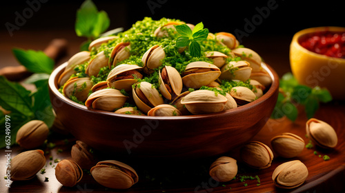 pistachio nuts with pistachios in a bowl on the wooden table