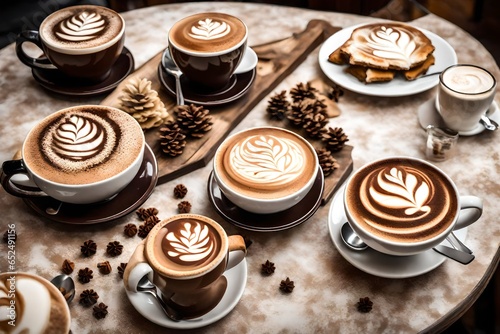 A tray of frothy cappuccinos with intricate foam designs, served on a cozy cafe table.