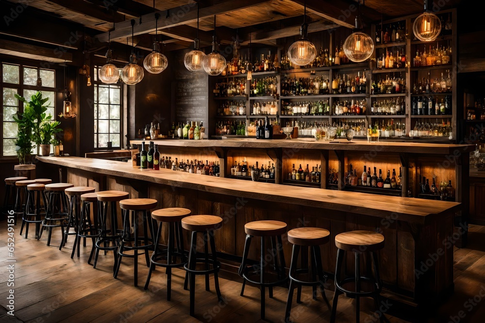 A rustic wooden bar counter with a row of artisanal cocktails lined up, showcasing mixology craftsmanship.