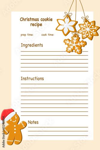 Empty template card for Christmas cookie recipe with cute gingerbread man character, vector