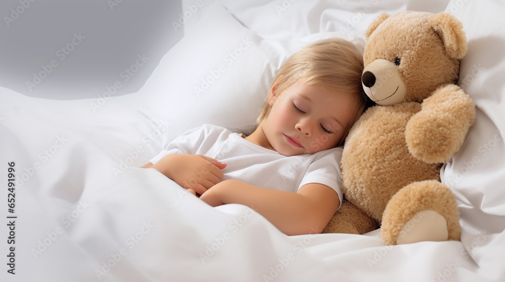 child sleeps peacefully in his cot, snuggled up to his teddy bear child sleeps peacefully in his cot, snuggled up to his teddy bear