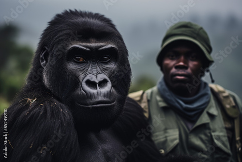Ranger safeguarding Mountain gorilla, showcasing his commitment to their protection
