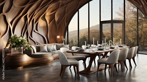The modern dining room embraces minimalist interior design, featuring an abstract wood-paneled arched wall
