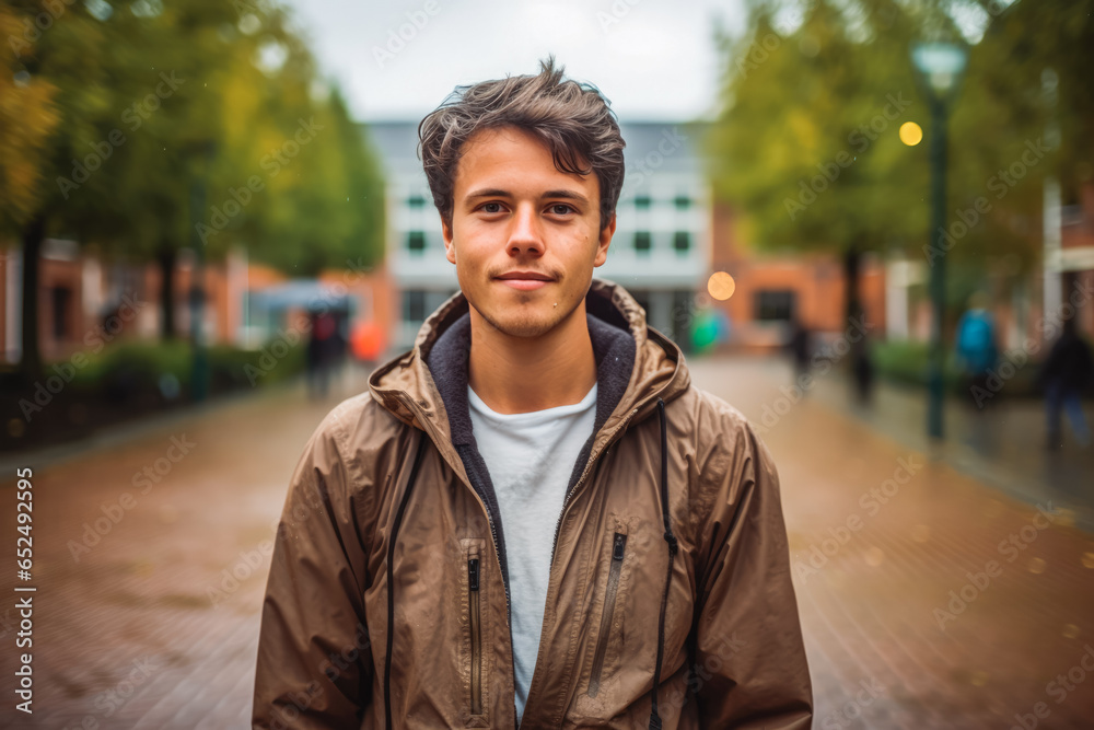 Fototapeta premium Student exchange traveling. Young student smiling portrait.