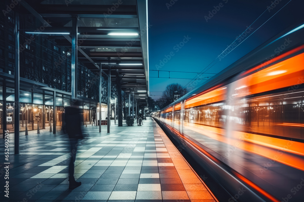 Train moving fast at night city. City public transport motion blur light trails.