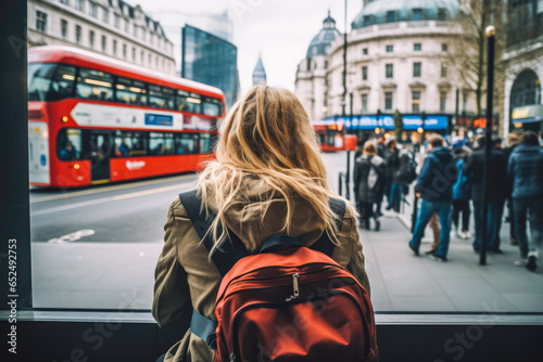 Waiting for the bus in london. Person sitting at station waiting for bus. Public transport.