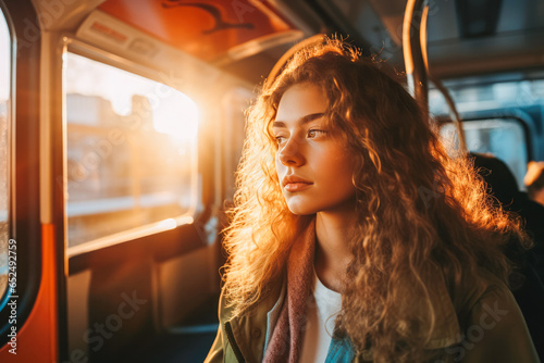 Woman in public transport in sunset light. Woman sitting on bus in sunset lighting. photo
