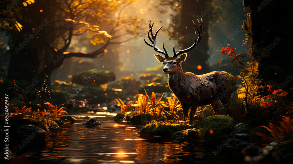 deer in the woods at sunset - obrazy, fototapety, plakaty 