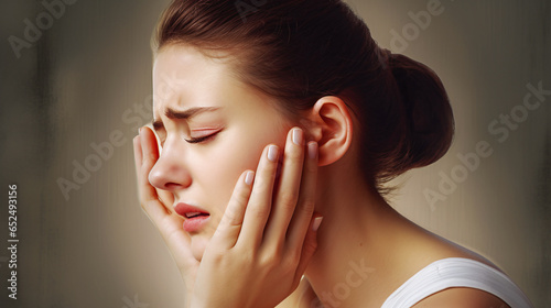 woman with face distorted in pain holds her ear and temples with her hands