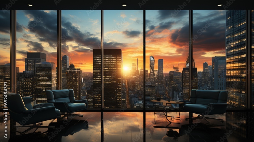 office background with sunset by the windows