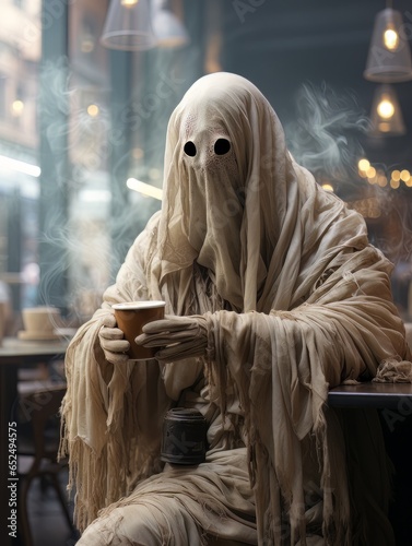 Creepy ghost in white robe drinks coffee alone in a coffee shop on Halloween. AI