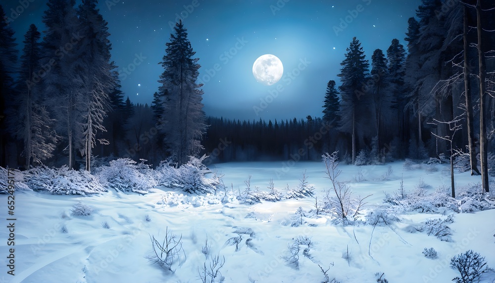 Bosque nevado a la luz de la luna llena  - obrazy, fototapety, plakaty 