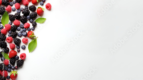Mix of red fruits blackberries blueberries and strawberries on white background Generative AI Illustration © SVasco