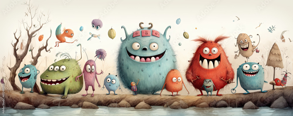 Friendly monsters in a playful, comical scene