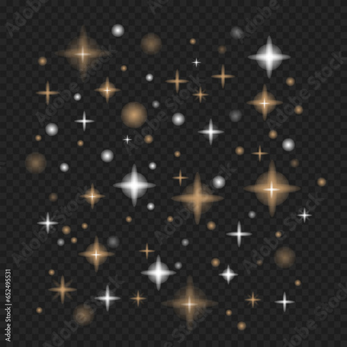 Set of sparkling sparks like golden magic stars on transparent background. Collection of vector glowing light effects. Christmas and  New Year shine, glare, flash, confetti